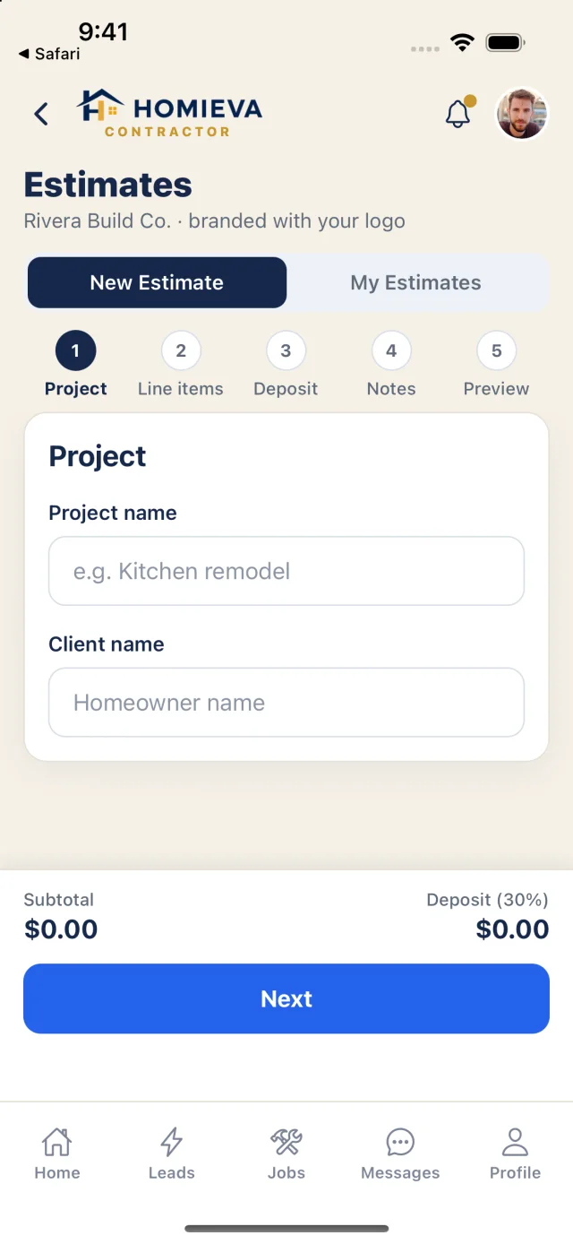 Estimate builder: branded with the contractor's logo, in five steps