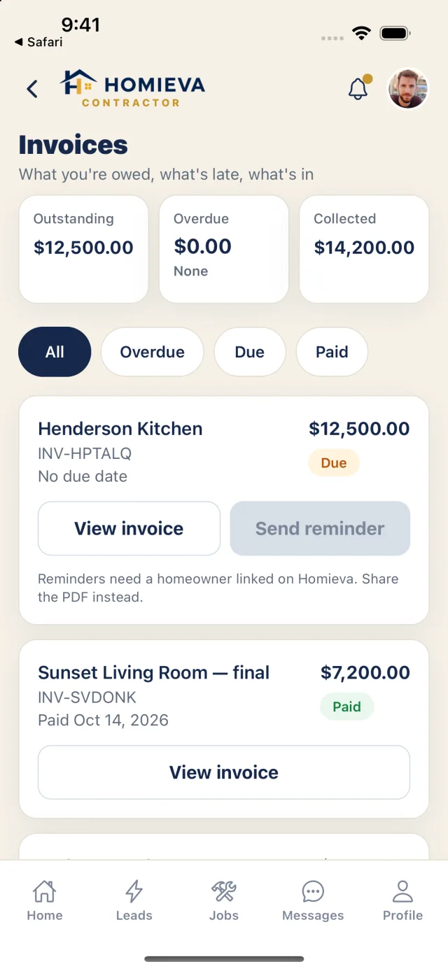 Invoices: outstanding, overdue and collected, with reminders