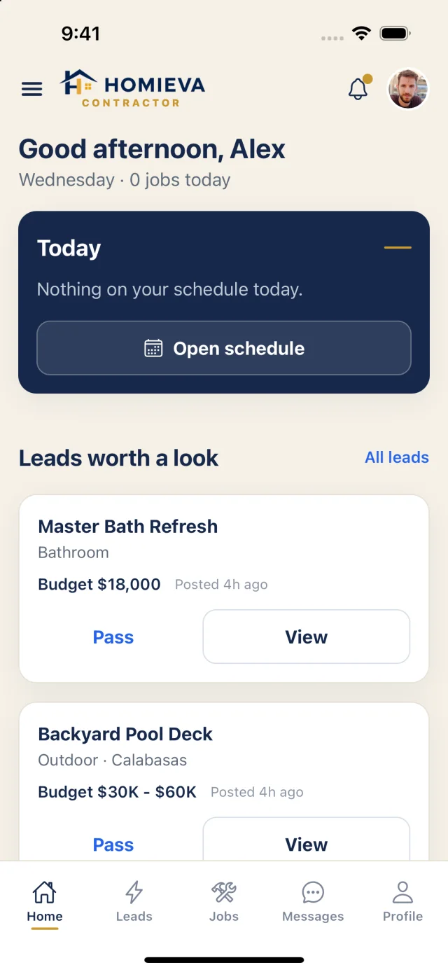 Contractor home: today's schedule and leads worth a look with budgets