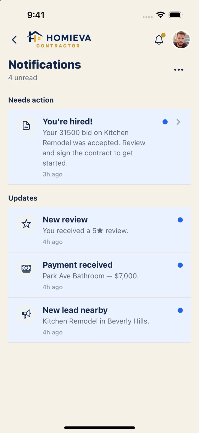 Contractor notifications: hired, new review, payment received, new lead nearby