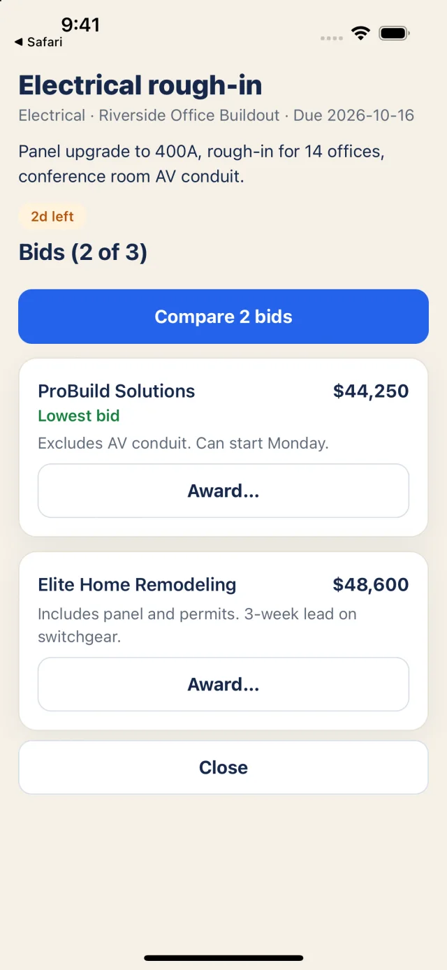 Bid package detail: bids received for an electrical rough-in