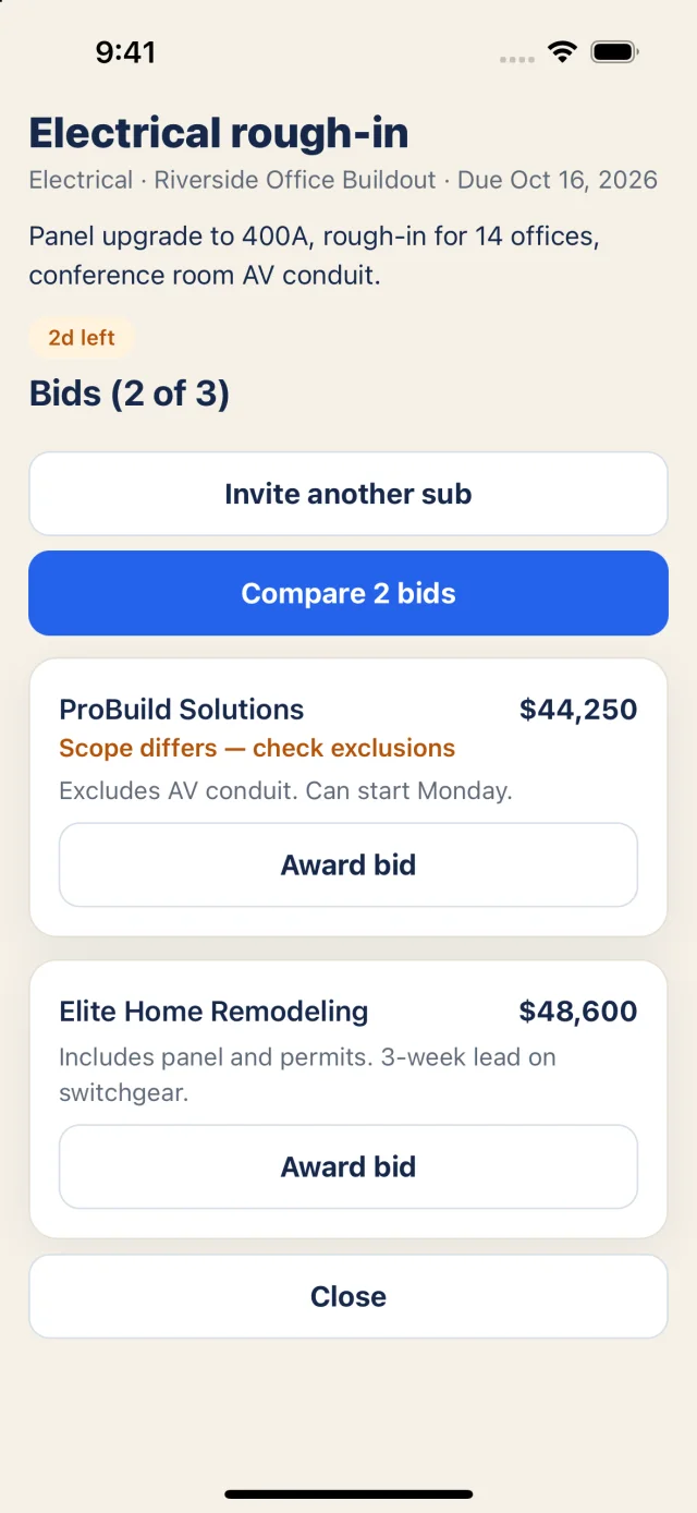 Comparing two subcontractor bids for an electrical rough-in package
