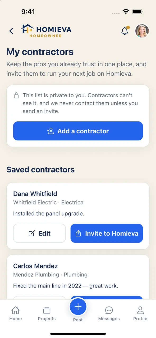 My contractors: a saved contractor with Invite to Homieva