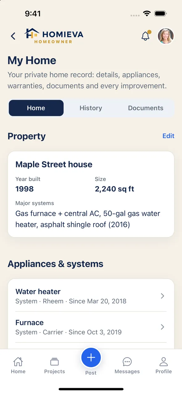 My Home: home profile, appliances and systems, warranties and the home improvement history