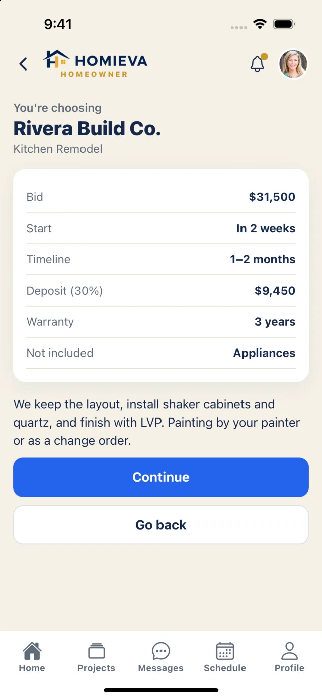 Accepting a bid: price, start, timeline, deposit, warranty and exclusions before continuing