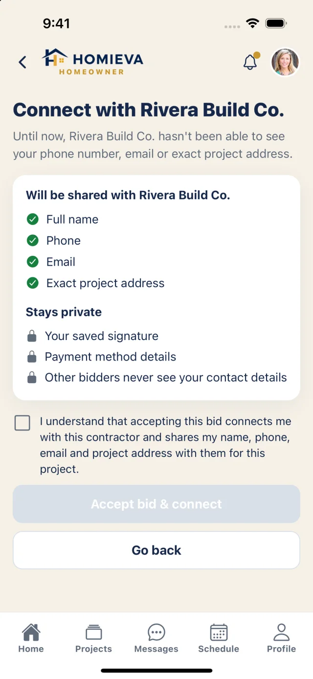 Connect with the contractor: what will be shared and what stays private, with explicit consent