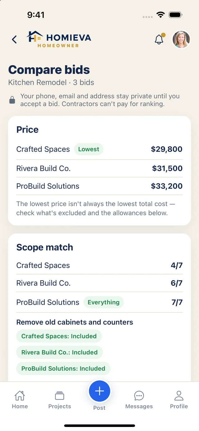 Compare bids: price, scope match and the reminder that contact details stay private until a bid is accepted