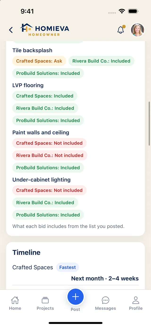 Compare bids: timeline, payment plan and warranty side by side