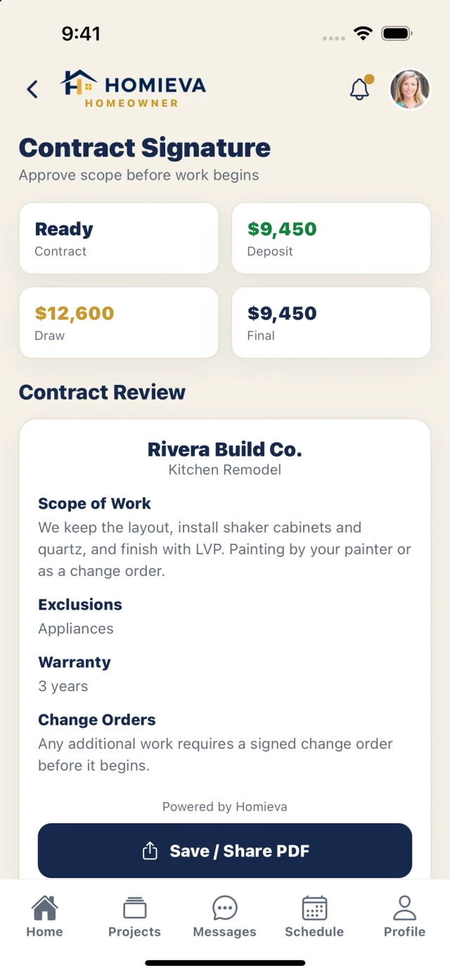 Contract signature: deposit, draw and final amounts with the contract review