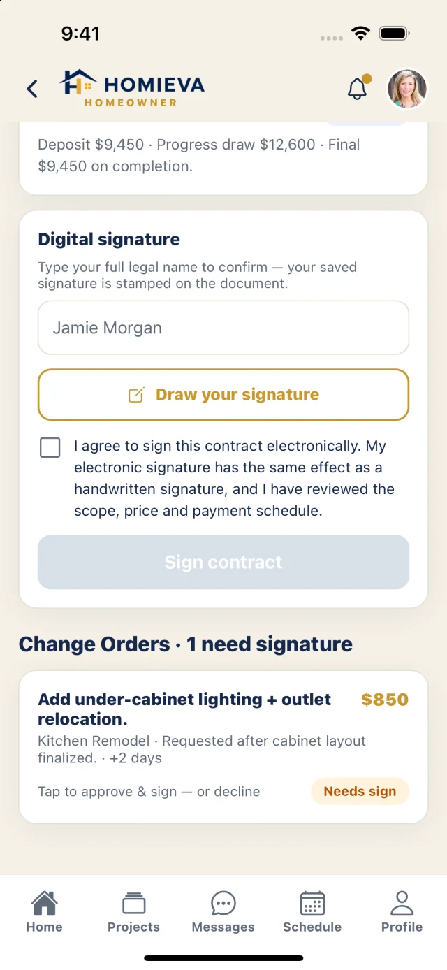 Digital signature and a change order that needs the homeowner's signature