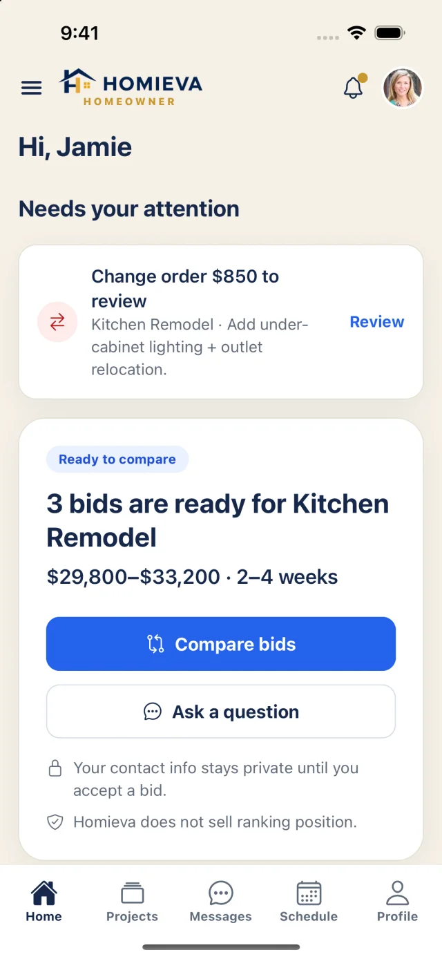 Homeowner home: a change order waiting for review and three bids ready to compare for a kitchen remodel