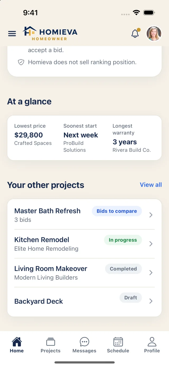 Homeowner home: at-a-glance bid summary and the homeowner's other projects