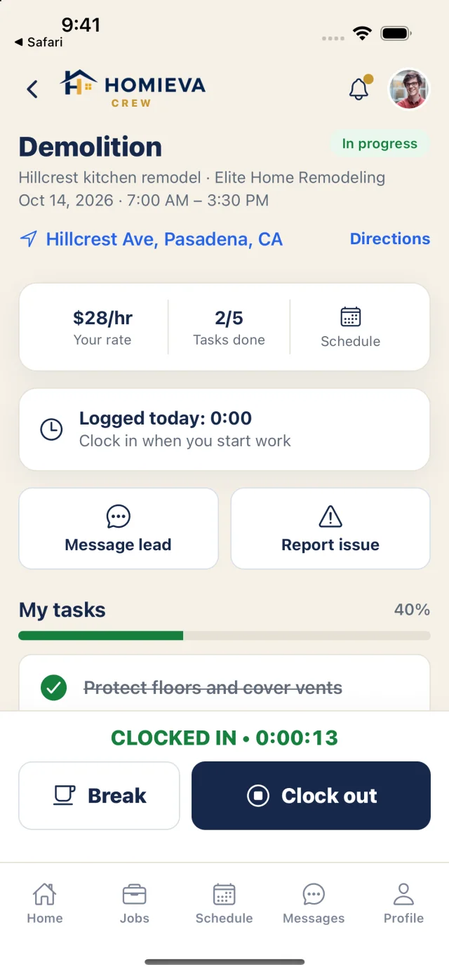 Clocked in on a job: tasks, break and clock-out