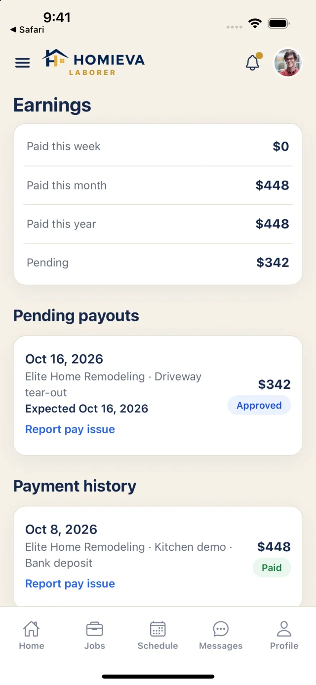 Earnings: hours plus payments your contractor records, paid this week, month and year