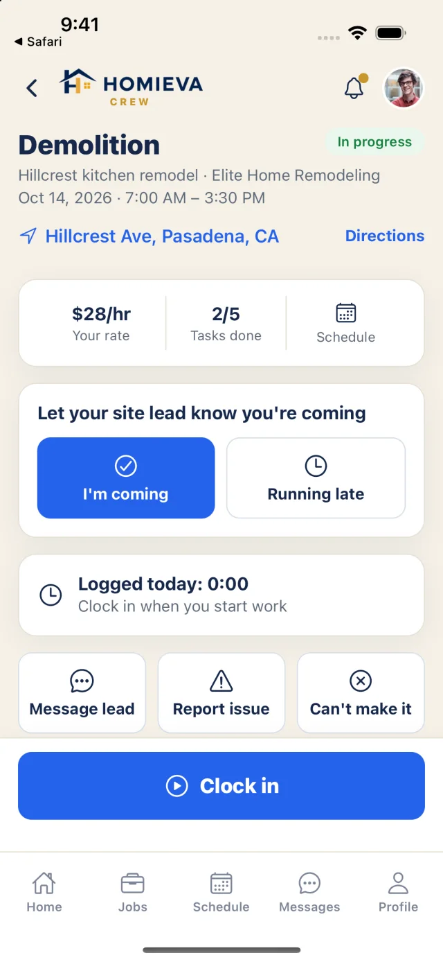 Job detail for a crew member: rate, tasks done and site directions