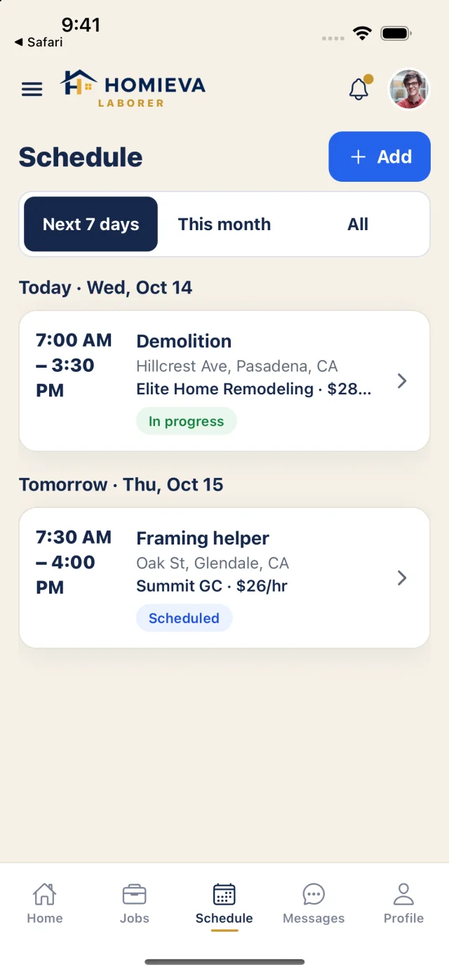 Laborer schedule for the next seven days
