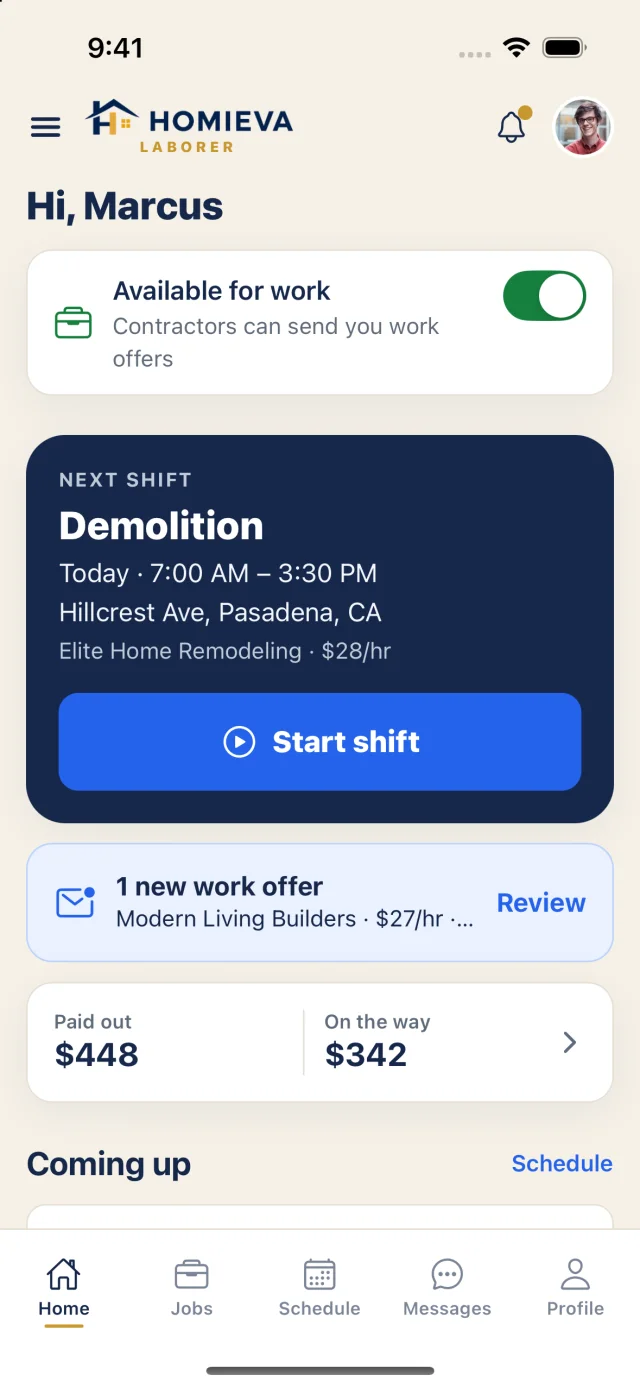 Laborer home: availability switch, next shift with Start shift, and a new work offer