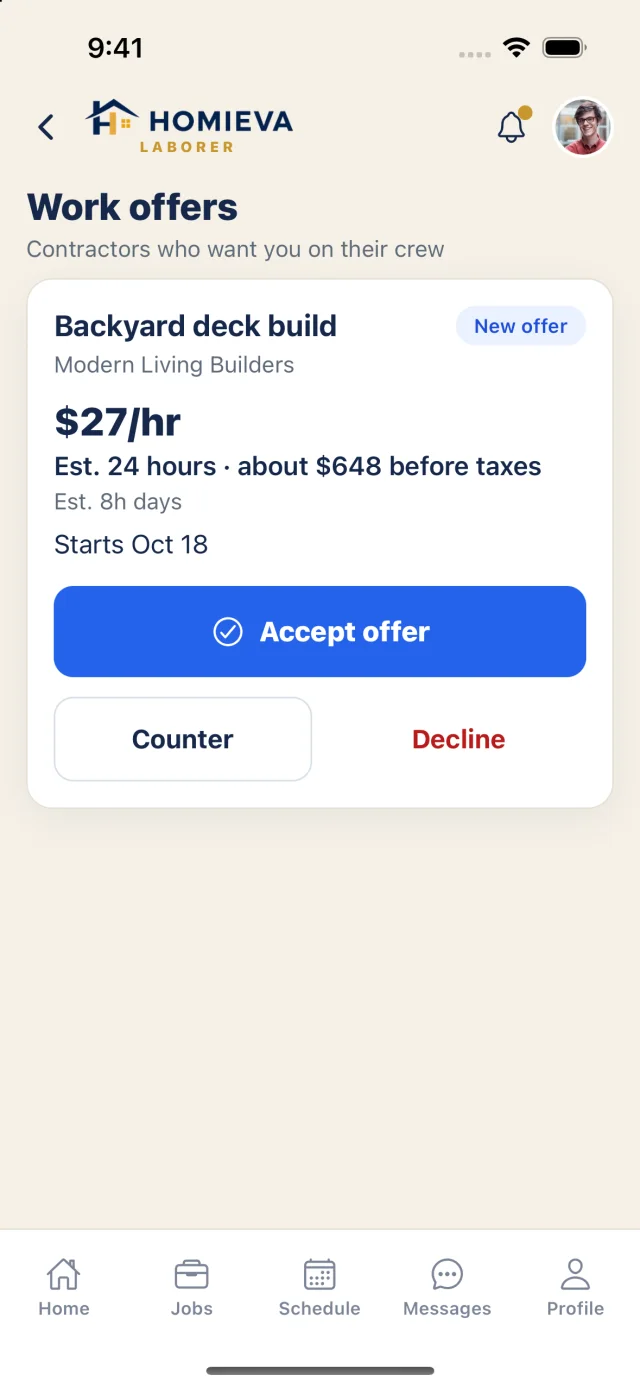 Work offers: rate, estimated hours and pay, with accept, counter or decline